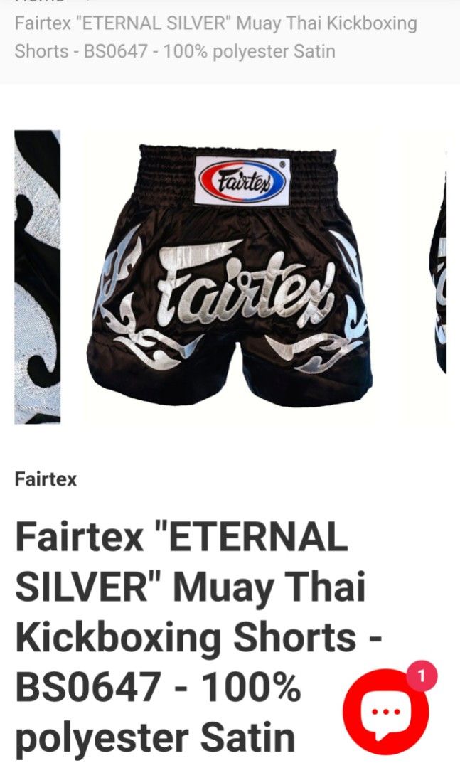 FAIRTEX MMA SHORTS "ETERNAL SILVER" (Category: Activewear) located in Manila. Submitted by happy.we.go (Listing ID 1311287547, Image 1). Description: medium on tag.