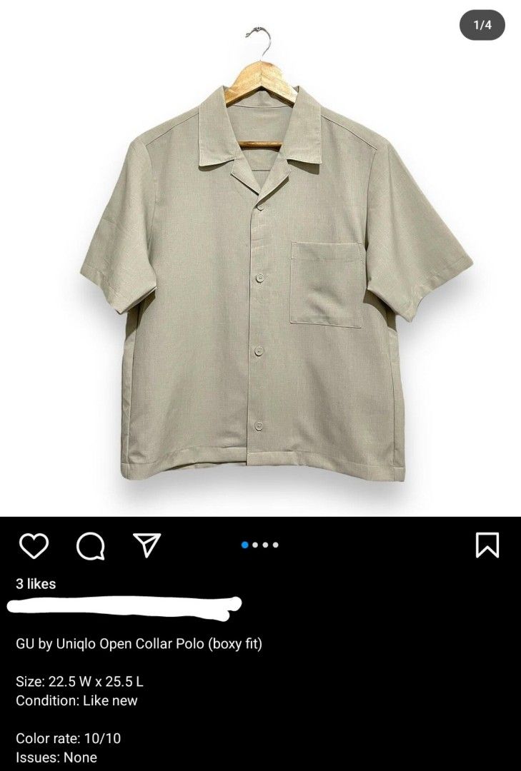 GU open collar polo beige (boxy fit) (Category: Tshirts & Polo Shirts ) located in Makati City. Submitted by secondselection (Listing ID 1311329054, Image 1). Description: rfs: want bigger size W 22.5 L 25.5.