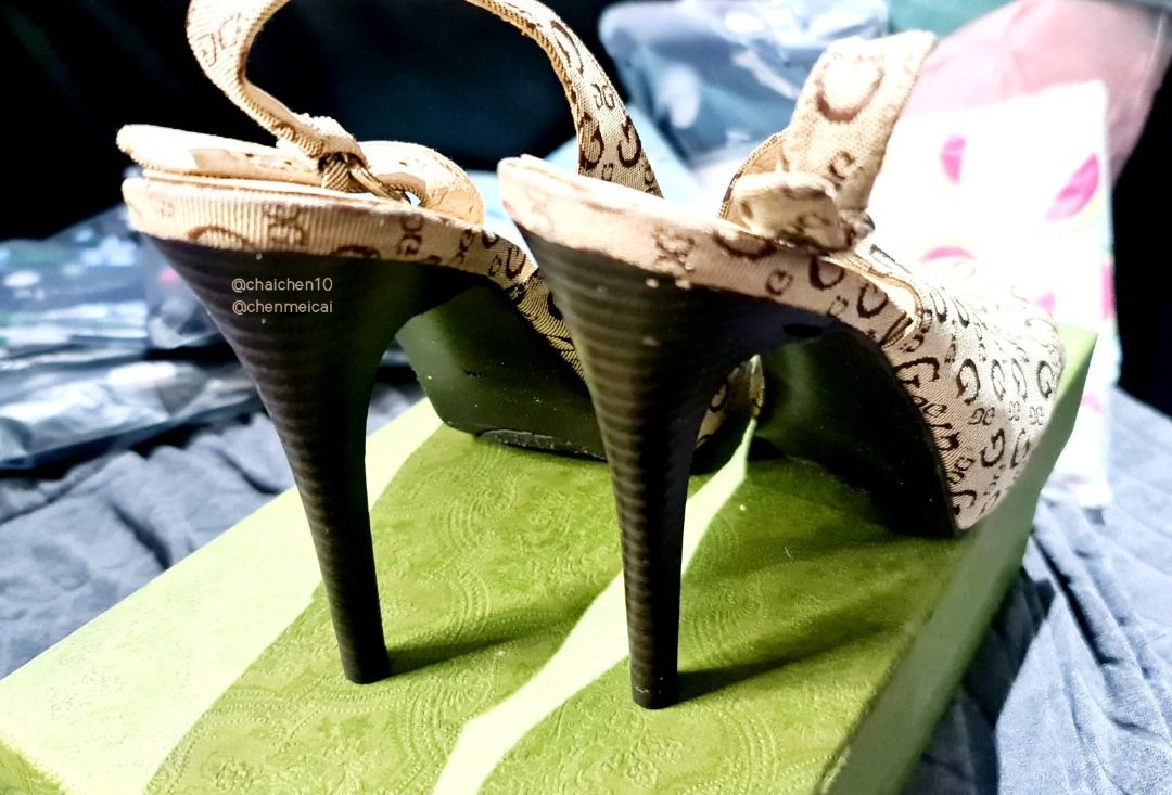 Guess Signature Logo Monogram Canvas Tan Sling Back Platform Peeptoe Heels Shoes US 8 Women s Fashion Footwear Heels on Carousell