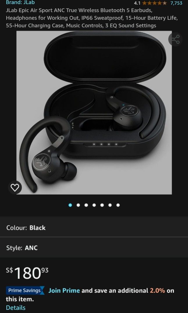 JLab Epic Air Sport ANC True Wireless Bluetooth 5 Earbuds Headphones for Working Out IP66 Sweatproof 15 Hour Battery Life 55 Hour Charging Case