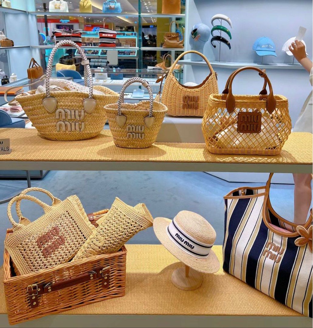 MIUMIU Raffia effect crochet tote bag IVY jacquard Woven fabric handbag with leather trim Woven fabric mini bag hobo bag Wander miu miu japan