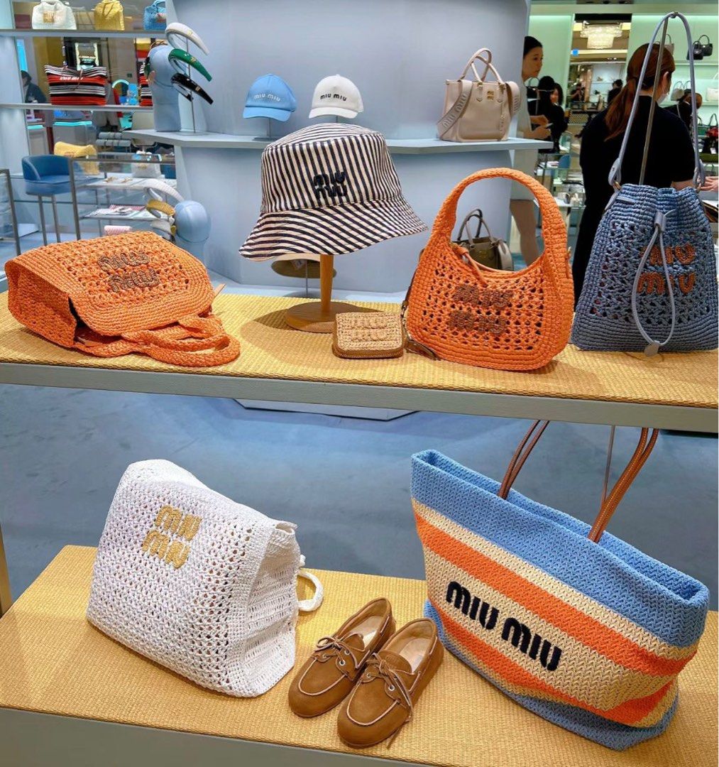 MIUMIU Raffia effect crochet tote bag IVY jacquard Woven fabric handbag with leather trim Woven fabric mini bag hobo bag Wander miu miu japan