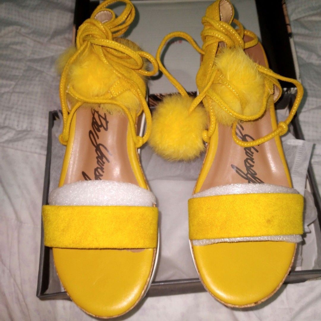 Yellow tie up wedges on sale