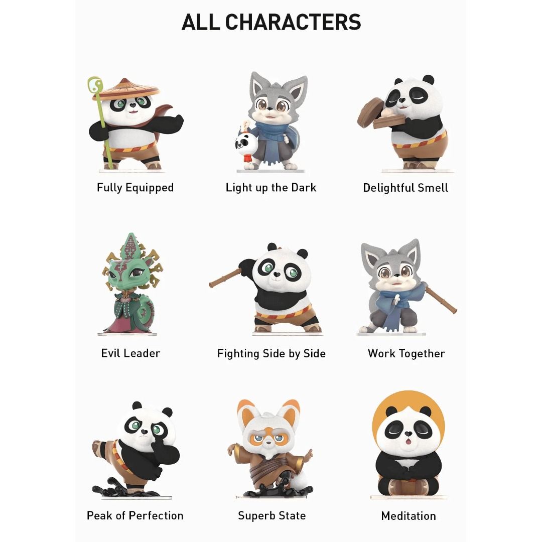 Pop Mart Universal Kung Fu Panda Series (Category: Designer & Blind Box Toys) located in Valenzuela. Submitted by littlechopletsph (Listing ID 1311324425, Image 3). Description: P800 EACH / P750 EACH IF BUYING 3 OR MORE: Fully Equipped Light Up the Dark [SOLD] Delightful Smell Evil Leader Fighting Side By Side Work Together Peak of Perfection [SOLD] Superb State Meditation - Opened box, sealed foil MOP: Gcash/BPI MOD: GGX/J&T/SDD.