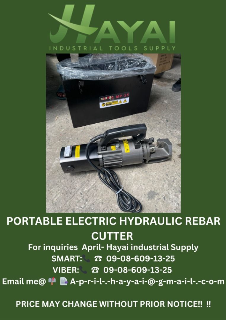 Portable electric hydraulic rebar cutter (Category: Construction Tools & Equipment) located in Caloocan City. Submitted by aprilv96843328 (Listing ID 1311239444, Image 1). Description: Portable electric hydraulic rebar cutter Specs: MPA25 Cutting diameter: 4-25mm PRICE: 27,500 For inquiries April- Hayai industrial Supply 📞 ☎ 0-9-0-8-6-0-9-1-3-2-5 Email me@ 📫 📑 A-p-r-i-l-.-h-a-y-a-i-@-g-m-a-i-l-.-c-o-m PRICE MAY CHANGE WITHOUT PRIOR NOTICE!!! .