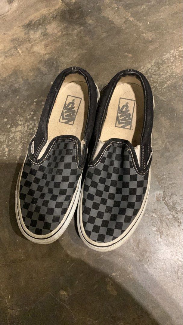 Vans slip on black pewter checkerdboard ori, Fesyen Wanita, Sepatu