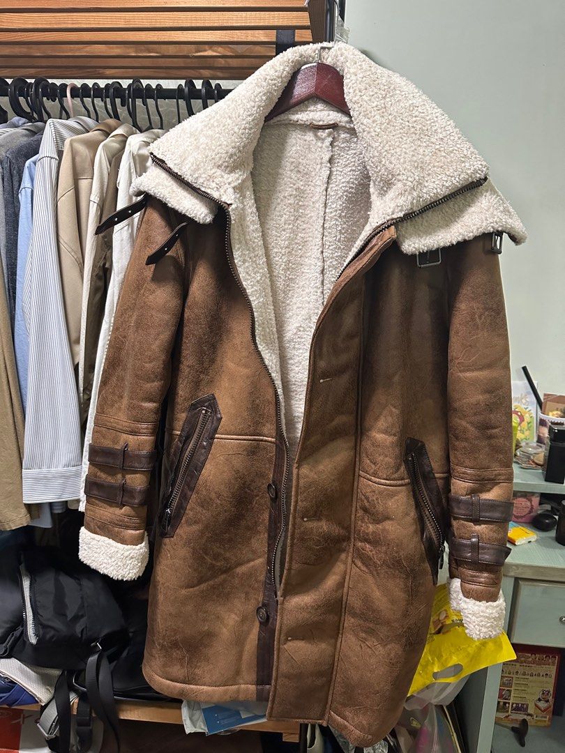 Zara brown shearling fur leather coat winter bane, Men's Fashion