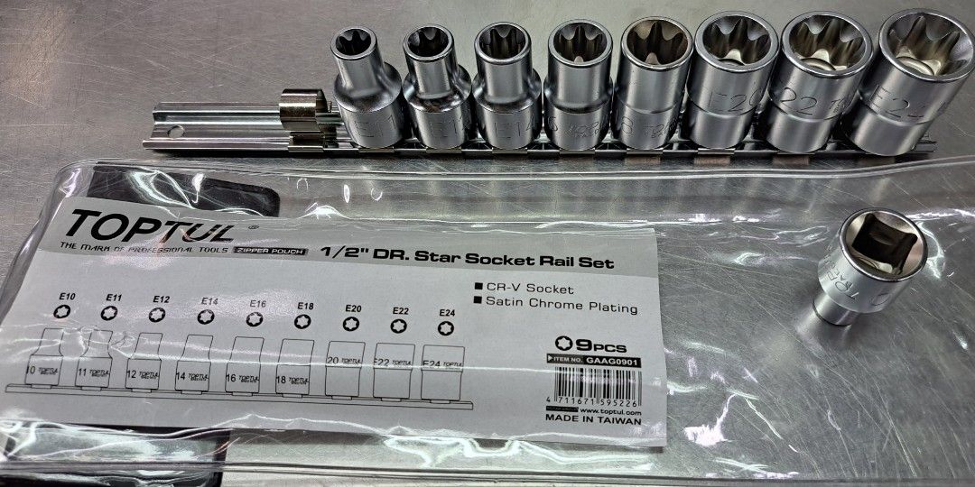 1/2" DR. STAR SOCKET SET (Category: Construction Tools & Equipment) located in Manila. Submitted by tonpornel (Listing ID 1311363925, Image 1). Description: 9pcs Set E10, E11, E12, E14, E16, E18, E20, E22, E24 Ton-Pornel Mercantile • We supply Powertools, Hardware tools, Plumbing, Paints, Electrical and Construction materials • We offer Paint Mixing and Powertools Repair Visit us: 38 Marcos Highway Mayamot, Antipolo City https://maps.google.com/?