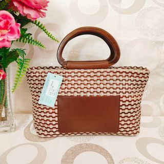 💯 % Authentic Japan Vintage Brown Woven Leather Purse Hand Bag With Wooden Handle Bohemian