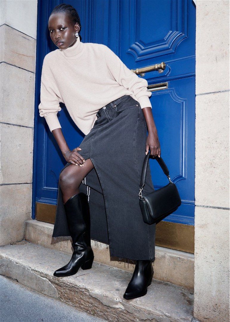 Denim midi skirt sale top