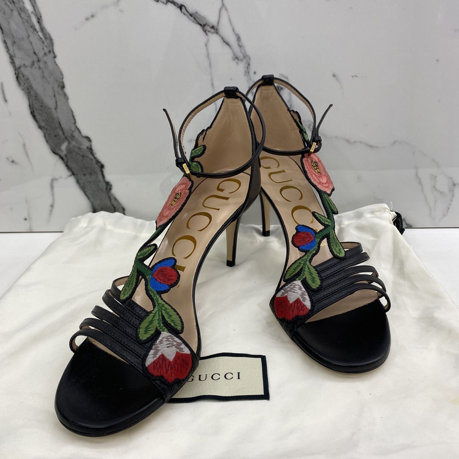 GUCCI BLACK FLORAL SHOES HEELS 37.5 247028843 Luxury Sneakers Footwear on Carousell