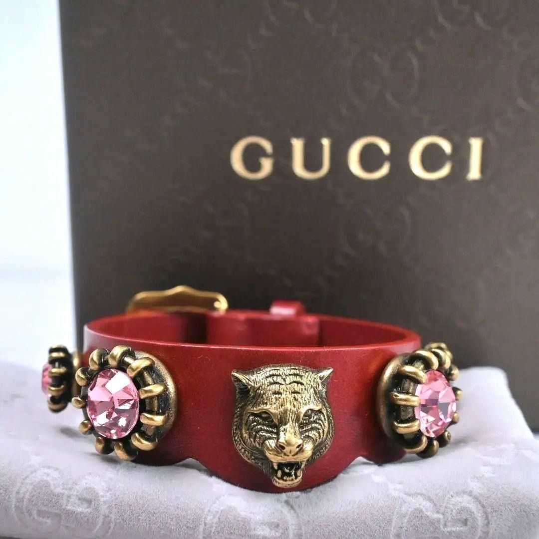 GUCCI Tiger Head Crystal Leather Bracelet Bangle