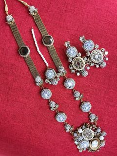 最新設計古董金坎丹多色項鍊套裝，配長耳環和賓迪亞蒂卡。新娘首飾 / 派對服飾首飾 / 巴基斯坦印度風64208958558210110