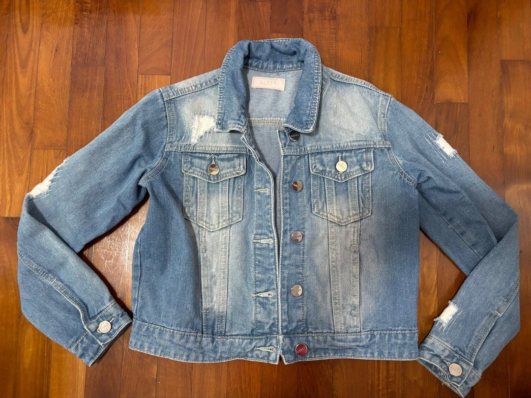 Lipsy Girls Blue Ripped Denim Jacket 11 years Babies Kids Babies Kids Fashion on Carousell