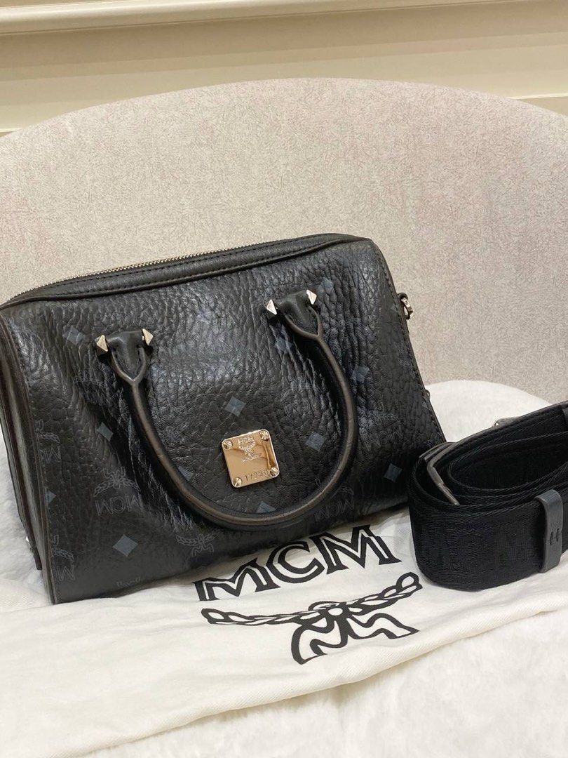 MCM ESSENTIAL SMALL BOSTON HANDLE BAG BLACK VISETOS CANVAS