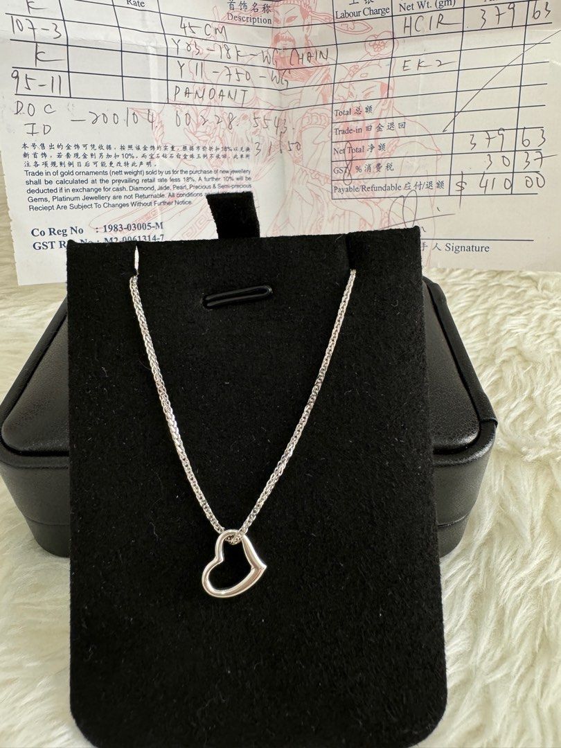 Open Heart Necklace in 18k WG (Category: Necklaces) located in Davao. Submitted by myclosetcleanup (Listing ID 1311396151, Image 1). Description: Open Heart Necklace in 18K WG with jeweller receipt, bought from SG 18 inches length, around 4.0 grams of 18k WG 18,000 only❤️ Rider thru Maxim Shipping thru J&T/ LBC Location: Northcrest Cabantian .