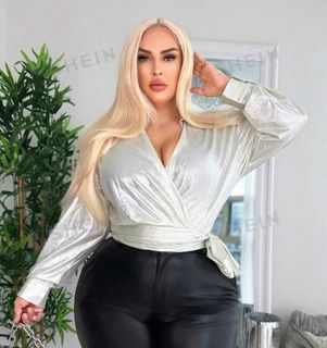 SHEIN Plus Size Satin Holiday Wrap Longsleeve Top