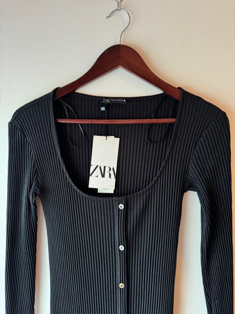 zara ribbed dress with buttons ZARA Ruffle Midi Dress Rib Knit Button Front