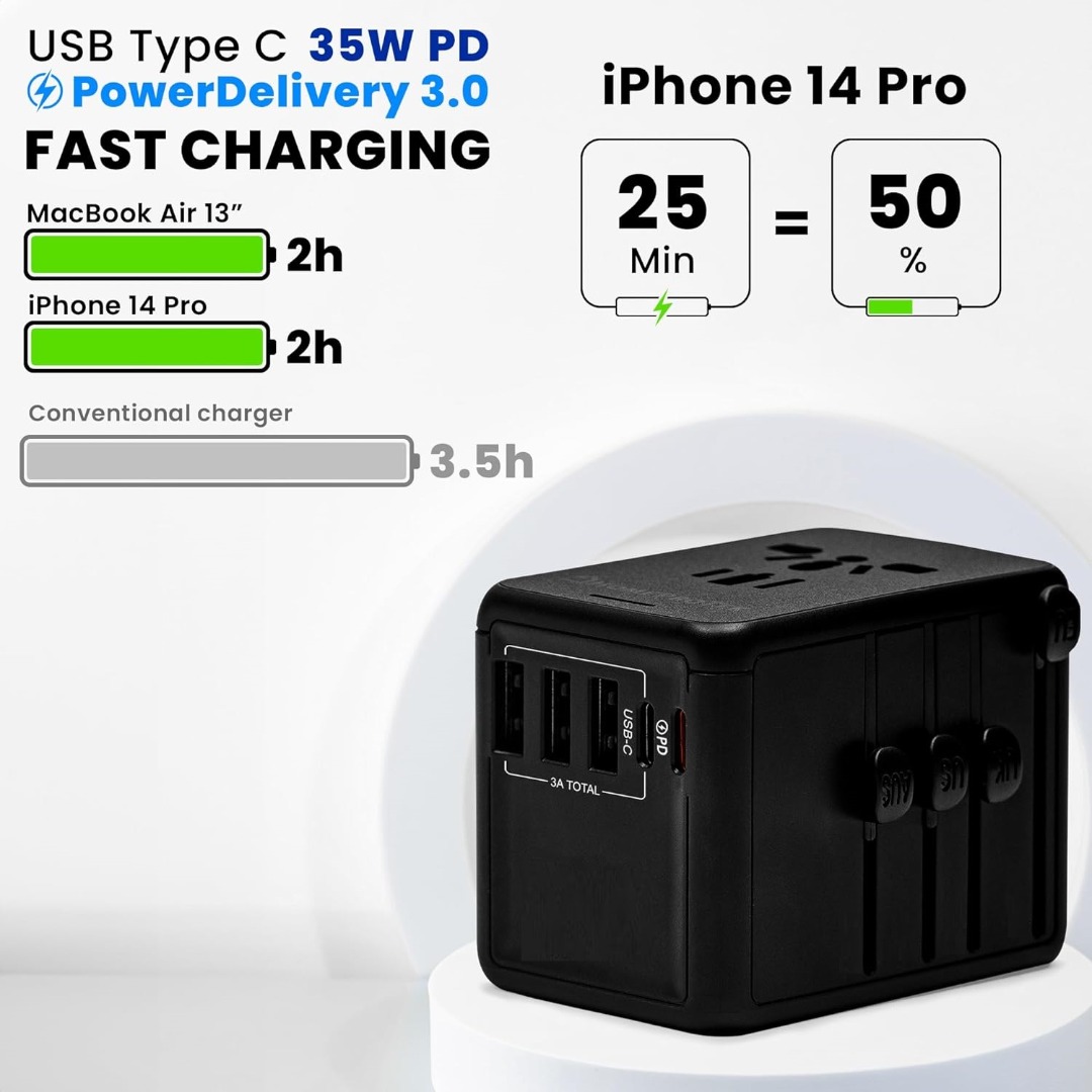 4 USB 和 Type-C + 35W PD 智慧型 USB 充電器電源插頭插座帶 LED 訊號便攜式通用旅行適配器 psbckp 4 ...