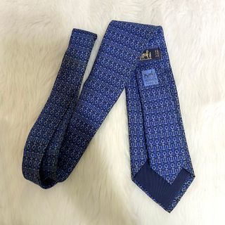 Hermes Navy Blue Printed Silk Necktie Tie