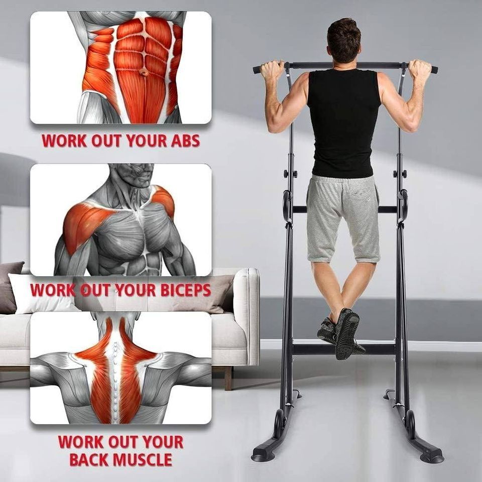 Multifunctional Power Tower - Pull Up, Knee Raise, Dips & Sit Up Assistance (Category: Toning & Stretching Accessories) located in Quezon City. Submitted by jha.o21 (Listing ID 1306777537, Image 1). Description: • STURDY CONSTRUCTION: Made of thickened heavy duty steel construction, the square tube thicker and wider, U shaped frame base with skid resistant feet, safe and stable. Weight Capacity: 300lbs ADJUSTABLE HEIGHT: The pull up station has 6
