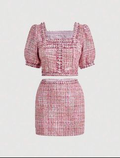Pink square neck crop top & skirt