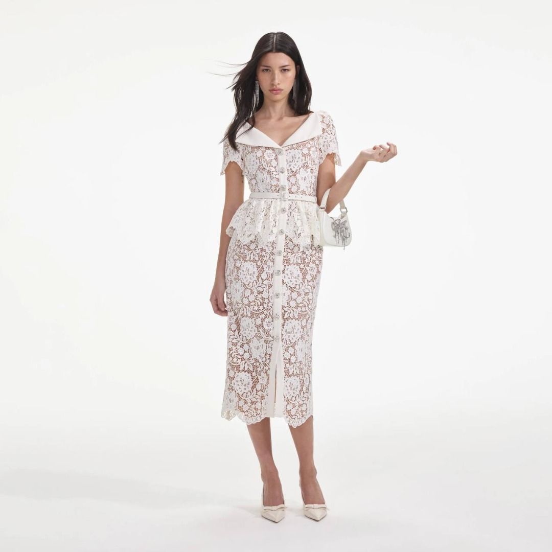 Self Portrait Cream Lace Peplum Midi Dress Women s Fashion Dresses Sets Dresses on Carousell
