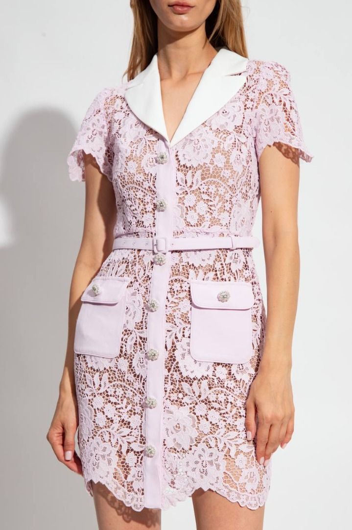 Self Portrait Pastel Pink Rose Lace Belted Mini Dress with White Collar,  Women's Fashion, Dresses & Sets, Dresses on Carousell