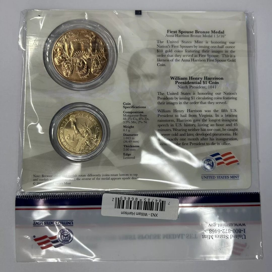 2009 年威廉和安娜哈里森總統1 美元硬幣+第一任配偶美國鑄幣廠獎章套裝, 興趣及遊戲, 收藏品及紀念品, 錢幣- Carousell