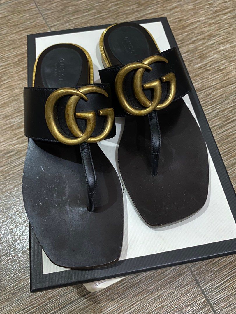 Authentic Gucci Black Leather Thong Sandal With Double G