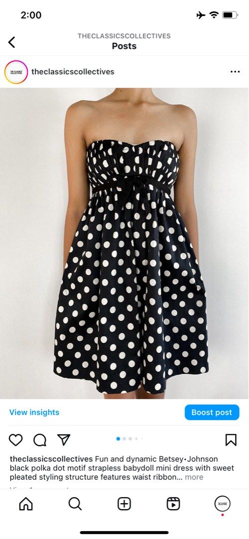 BETSEY JOHNSON DRESS (Category: Luxury Apparel) located in Cordon. Submitted by theclassic (Listing ID 1311573459, Image 1). Description: Fun and dynamic Betsey• Johnson black polka dot motif strapless babydoll mini dress with sweet pleated styling structure features waist ribbon applique. Amazing quality! Chest - 31. Waist - 30. Length - 28.