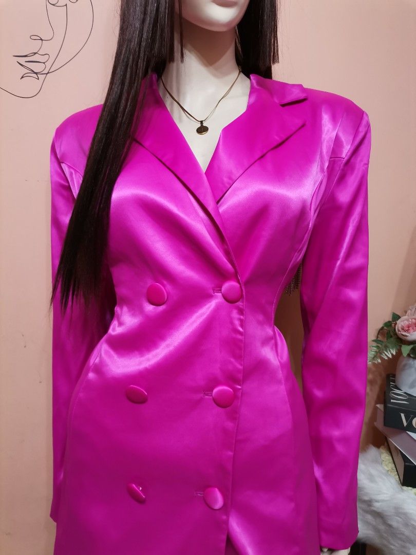 strapless open back dress Solovedress Women's 2 Piece Pink Satin Suit Peak Lapel Double Button Pants Set (Blazer+Pants) Pink / US 12