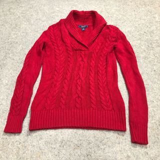 CHAPS Denim Ralph Lauren Chunky Cable Knit Shawl Collar Seater Jumper Size XS Red