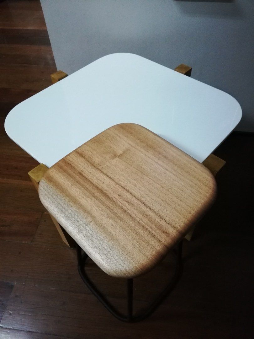Coffee table (Category: Tables & Sets) located in Paranaque City. Submitted by mcab_ (Listing ID 1311619620, Image 1). Description: Coffee Table set • Made with Mahogany solid wood • White synthetic granite top • Solid wood nesting table top w/ matte black PU finish metal base • Stainless steel adjustable gliders Php 14,800 Coffee table size: 67cm length 67cm width 45cm height Nesting table size: 30cm length 30cm width 50cm height.