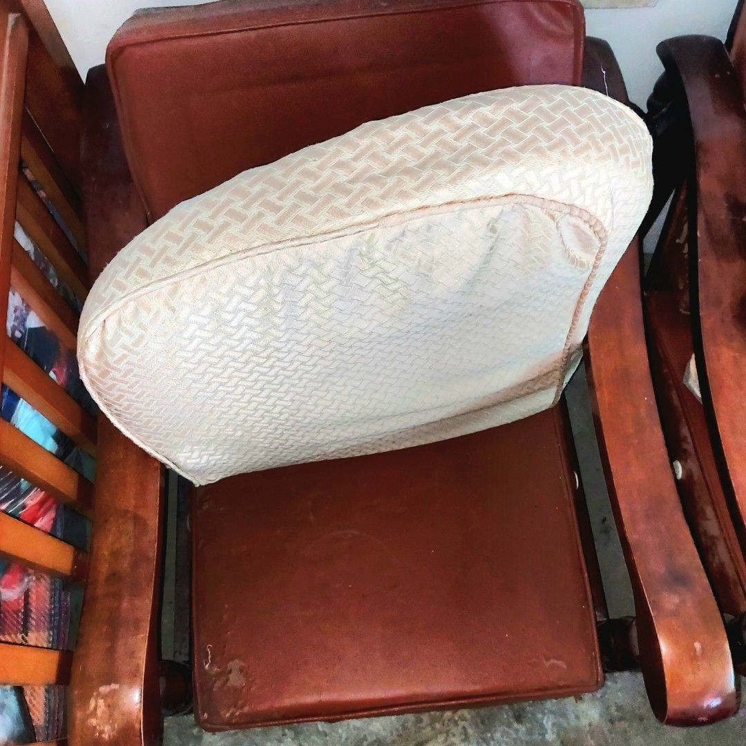 Long Sofa set mahogany (Category: Sofas) located in Manila. Submitted by iluvomri (Listing ID 1311615948, Image 3). Description: long sofa 1 long - 5seater 2pc - single seater 1 center table Uratex Foam Leather ang cover Fair used, needs cleaning lang.