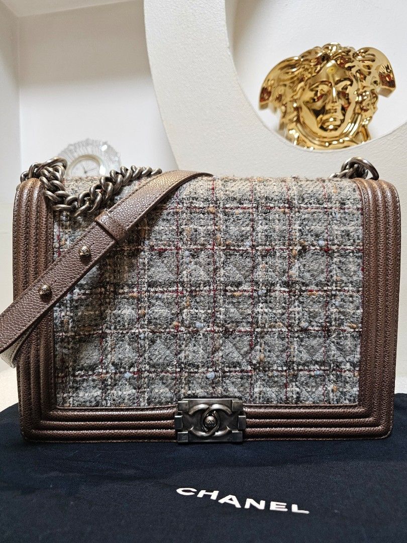FireSale rtp 10k Limited Edition CHANEL Large Bronze Caviar Tweed Boy 30 with card Luxury Bags Wallets on Carousell