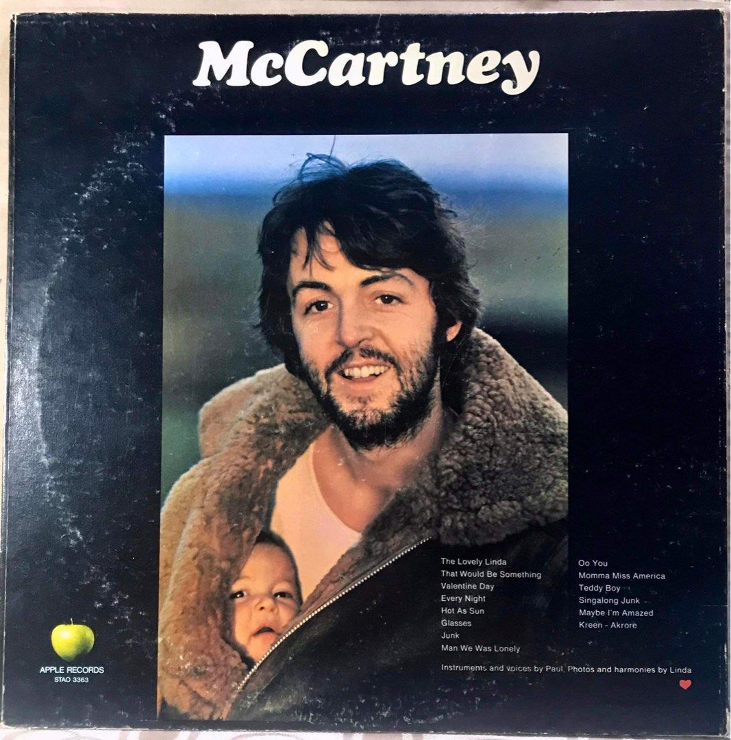 McCartney Vinyl LP (Category: Vinyls) located in Angeles City. Submitted by lensongsong (Listing ID 1311703142, Image 2). Description: Php750.00 free shipping Cover: Gatefold Apple Records STAO 3363 No Skips Recorded in England Instruments and Voices by Paul McCartney Harmonies by Linda McCartney Tracklist: Side 1 The Lovely Linda That Would Be Something Valentine Day Every Night Hot As Sun / Glasses Junk Man We Was Lonely Side 2 Oo You Momma Mis