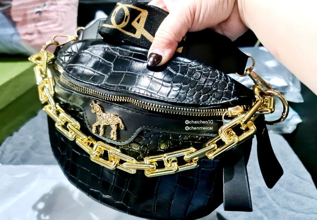 SHEIN Croc Embossed Gold Chain Decor Fanny Pack Black Beltbag Crossbody Bag Women s Fashion Bags Wallets Cross body Bags on Carousell