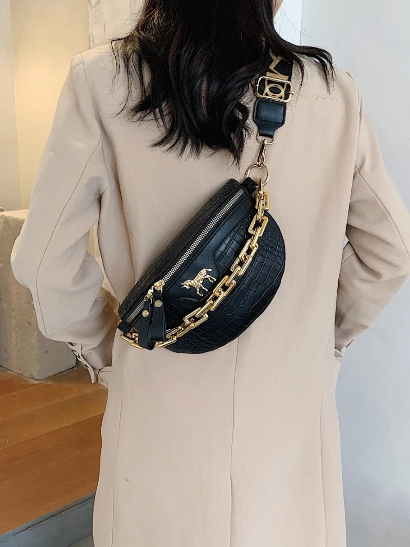 SHEIN Croc Embossed Gold Chain Decor Fanny Pack Black Beltbag Crossbody Bag Women s Fashion Bags Wallets Cross body Bags on Carousell