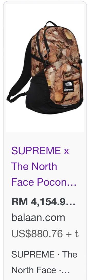 Supreme x The North Face Pocono Backpack Leaves Rare Men s Fashion Bags Backpacks on Carousell
