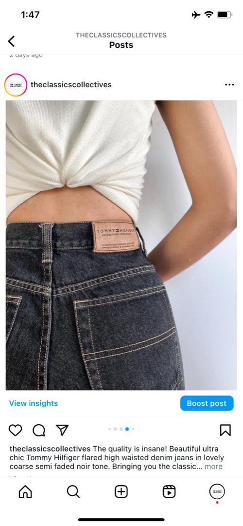 TOMMY HILFIGER DENIM JEANS (Category: Luxury Apparel) located in Cordon. Submitted by theclassic (Listing ID 1311571960, Image 2). Description: The quality is insane! Beautiful ultra chic Tommy Hilfiger flared high waisted denim jeans in lovely coarse semi faded noir tone. Bringing you the classic retro silhoutte! Waist - 30 inches. Length - 40 inches..