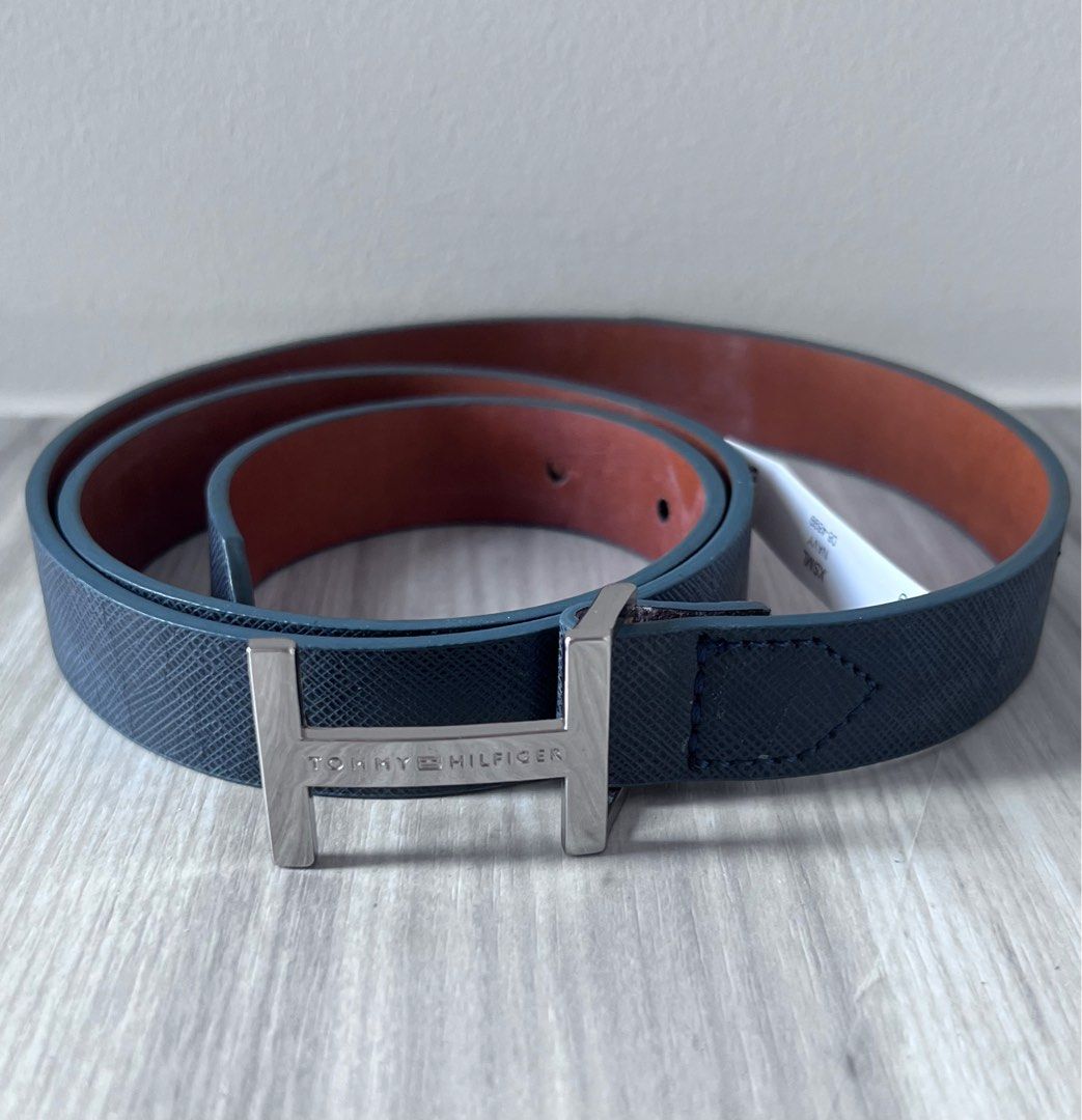 Tommy hilfiger H navy blue silver logo buckle waist belt saffiano leather XS S classic logo chic high waist