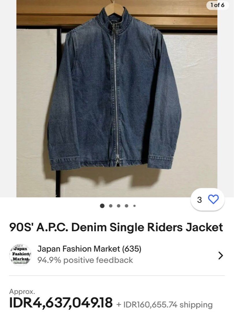 Vintage 90s A.P.C. Denim Zipper Riders Jacket, Fesyen Pria 