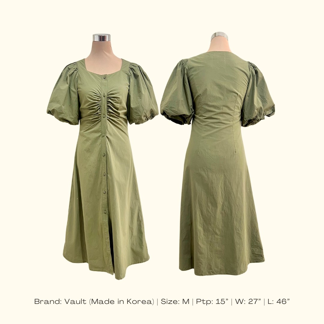 Vintage Olive Green Puff Sleeve Dress | Long Maxi Midi Dress Elegant ...