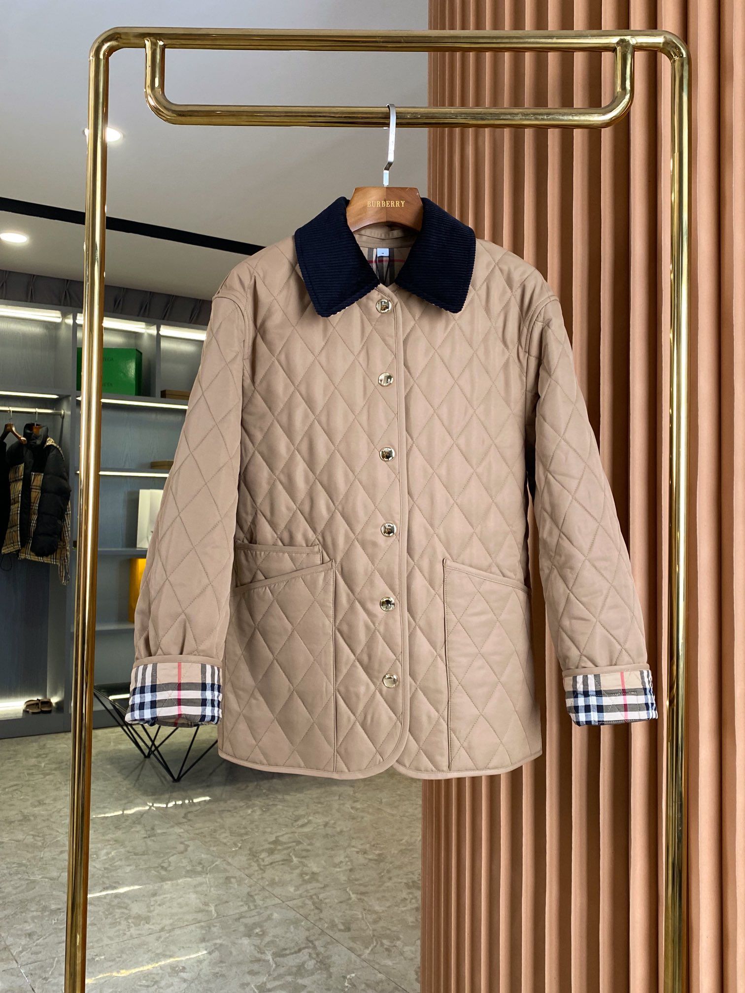 Authentic Burberry retro diamond quilted collar plaid jacket light brown Luxury Apparel on Carousell