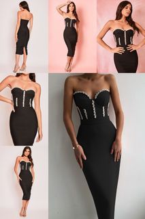 Black  Crystal Diamond Rhinestones Decorated Padded Tube Bodycon   Bandage Midi Dress - Party Dress and Semi Formal Dress (OPEN FOR RENT)