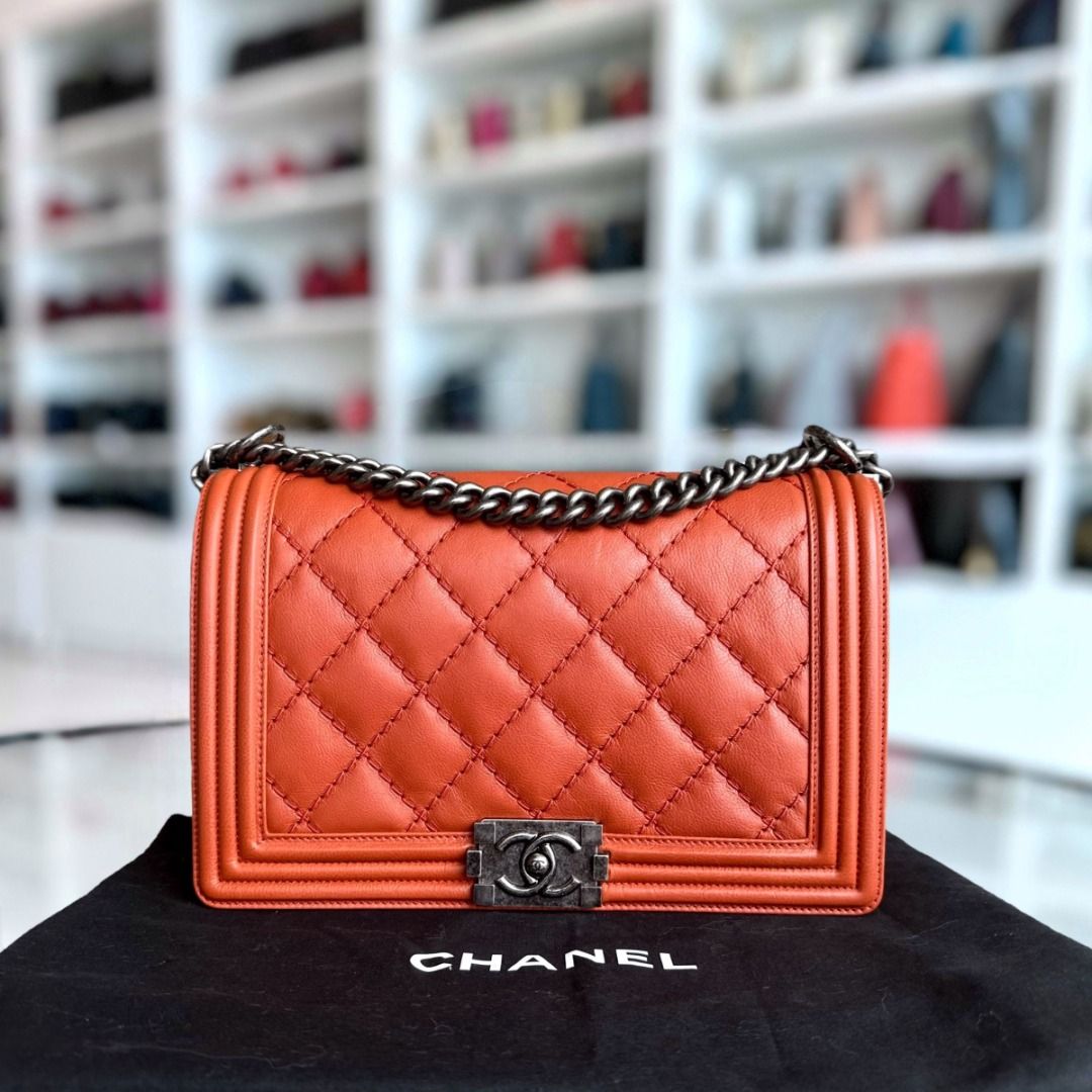 Chanel Boy Calfskin New Medium 28CM Quilted Orange Leboy RSHW No 18