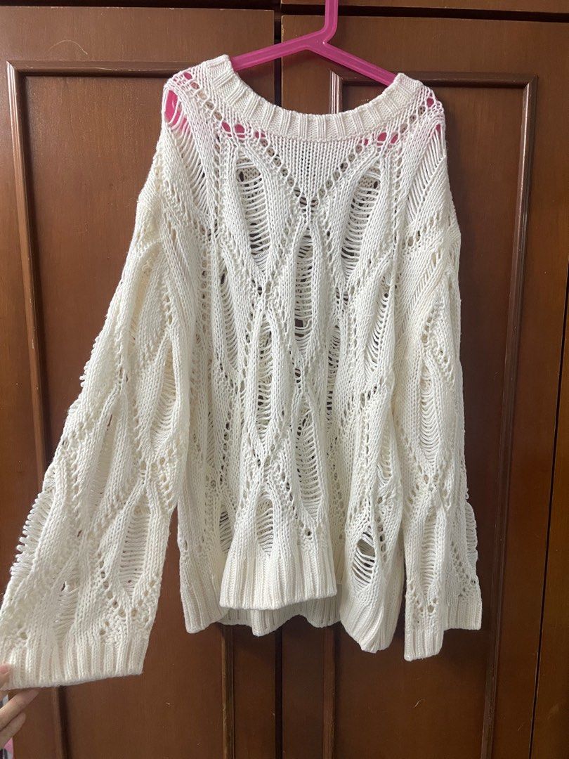 H M Distressed Knitted Cable Sweater