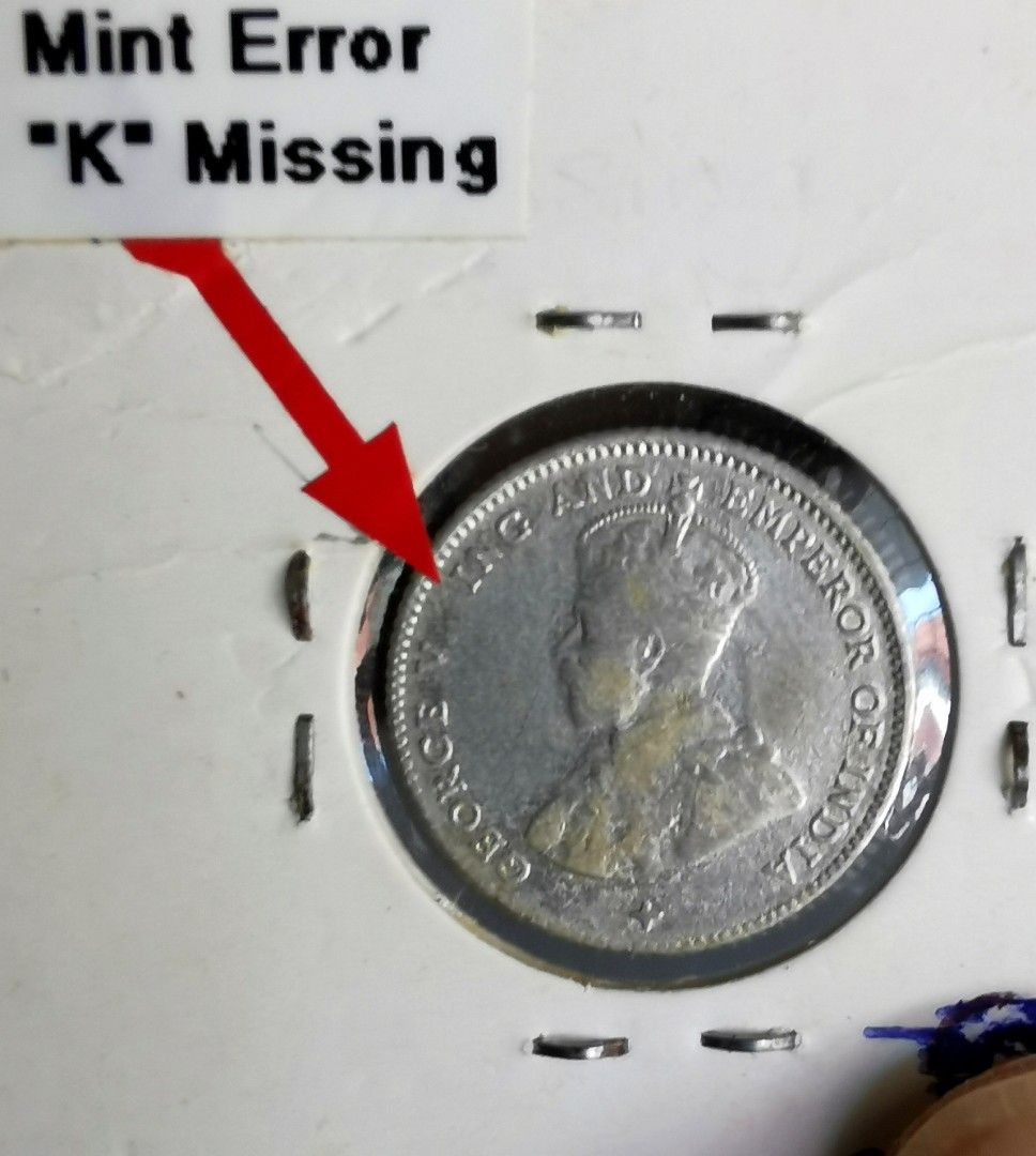 Key Error Missing K (Category: Currency) located in Singapore. Submitted by numismatic1 (Listing ID 1306950884, Image 2). Description: Scarce to see Missing K in the Straits Coin...Collector item Welcome Reasonable Offer.