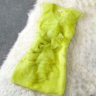 (M) Jorya Malaysia Organza Dress Semi-sheer Lime Green Ruffled Gathered Gown Piece - Fairy FairyCore Formal Y2K Flower Floral
